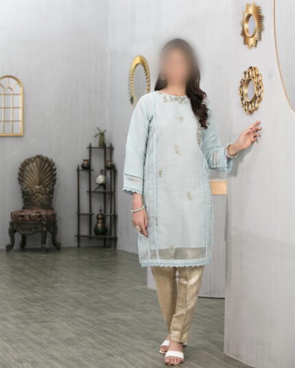Kurta Collection| Pretty 1Pcs Ready-To-Wear Sky-Blue, Intricate Emboidered Kurta On Organza   TF-0010