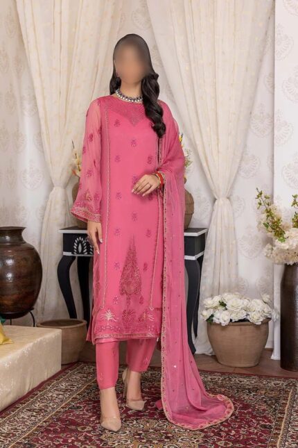 Charizma Ready-To-Wear Long Coat Style Intricate Embroidered 3Pc Chiffon Dress   PCC 01