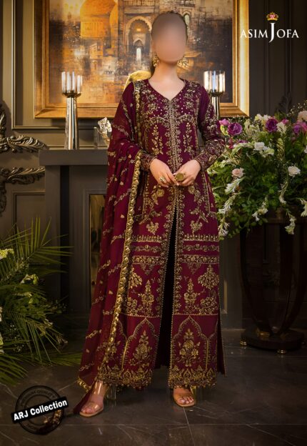 Asim Jofa Wedding Collection |3Pcs Unstoitched Deep Maroon, Elaborate Embroidered Opne Style Shirt, Plain Raw Silk Pants, Embroidered Chiffon Dupatta   AJSE-002
