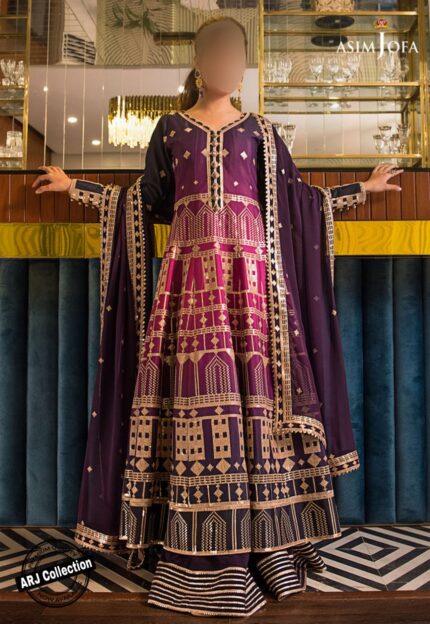 Asim Jofa Wedding Collection| 3Pcs Magenta Ombre, Unstitched Embroidered Geometric Design Shirt, Plain Raw Silk Trouser, Embroidered Chiffon Dupatta   AJSE-0011