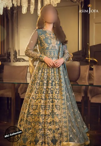 Basil Green Wedding Maxi – Embroidered Net Shirt, Charmeuse Silk Trouser & Chiffon Dupatta AJSE-005