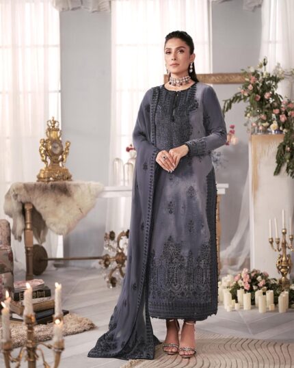 Grey Opulent Velvet and Chiffon Outfit with Luxurious Embroidery & Silk Trousers AS-D-05