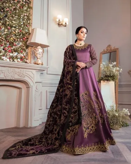 Elegant Dull Silk Ensemble with Intricate Embroidery and Velvet Shawl AS-D-06