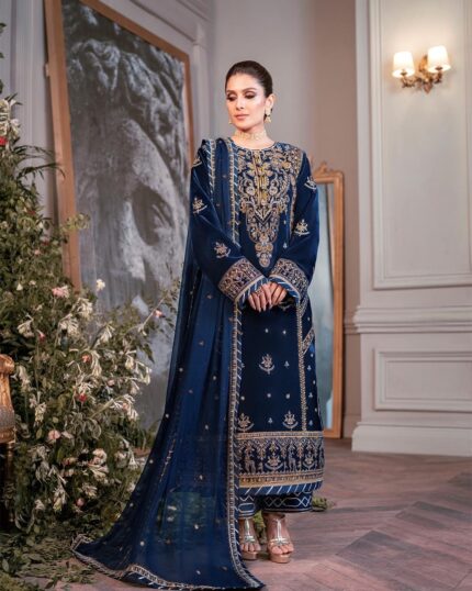 Blue Exquisite Velvet Shirt with Chiffon Dupatta & Satin Silk Pants AS-D-08