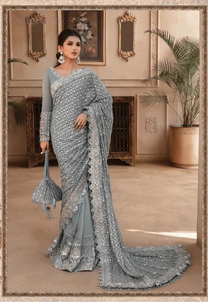 maria b's Embroidered Chiffon Pallu Organza Saari Set