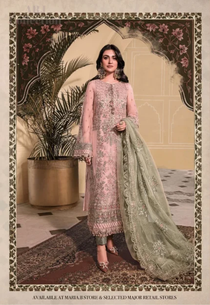 Maria b Mroidered | 3Pc Unstitch Luxury Embroidered, Pink & Sea Green Drees  MB-D007