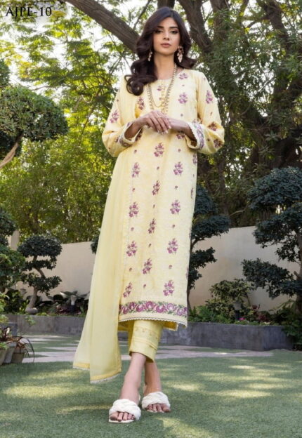 Asim Jofa Ready to Wear Collection | 3Pc Pastel Yellow Embroidered Cambric Suit With Zari Chiffon Duppata AJPE-10