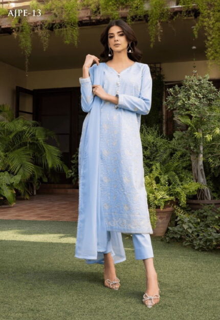 Asim Jofa Ready to Wear Collection | 3Pc Pastel Sky Blue Embroidered Cambric Suit With Zari Chiffon Duppata AJPE-13