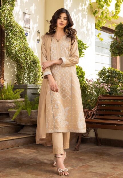 Asim Jofa Ready to Wear Collection | 3Pc Beige Embroidered Cambric Suit With Zari Chiffon Duppata AJPE-16