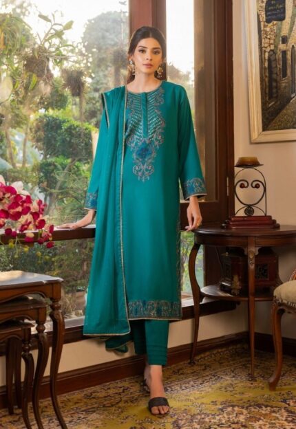 Asim Jofa Ready to Wear Collection | 3Pc Sea Green Embroidered Cambric Suit With Zari Chiffon Duppata AJPE-19