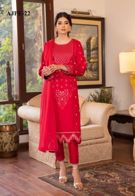 Asim Jofa Ready to Wear Collection | 3Pc Red Embroidered Cambric Suit With Zari Chiffon Duppata AJPE-22