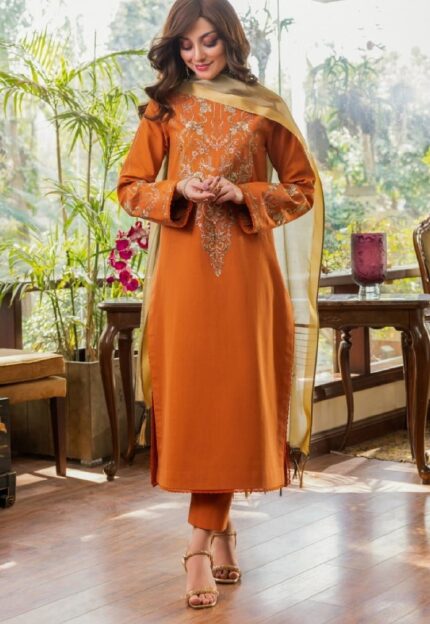Asim Jofa Ready To Wear Collection | 3Pc Orange Embroidered Cambric Shirt With Dyed Yarn Duppata AJPE-33