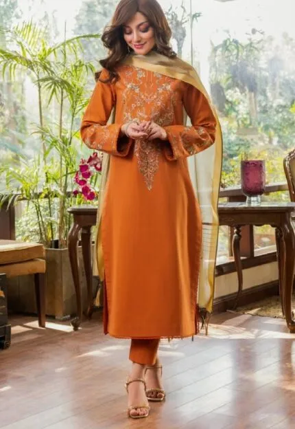 Asim Jofa Ready To Wear Collection | 3Pc Orange Embroidered Cambric Shirt With Dyed Yarn Duppata AJPE-33