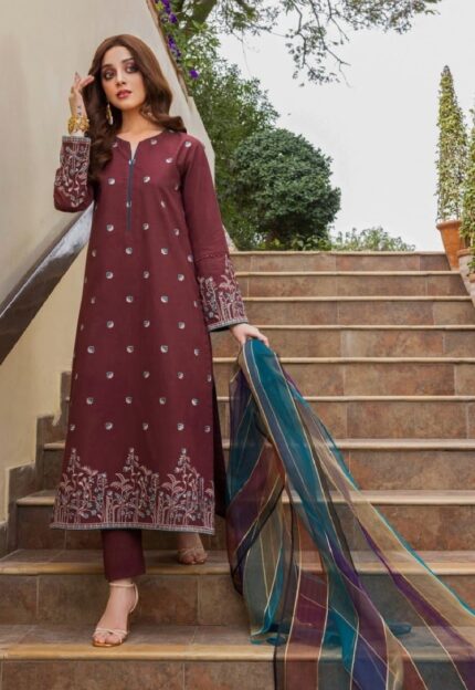 Indulge in Luxury: Maroon Ready-to-Wear Suit with Intricate Embroidery and Flowing Dupatta AJPE-35