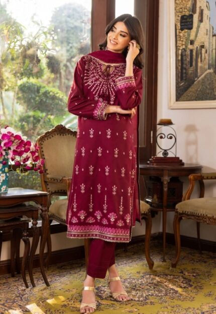 Asim Jofa Ready to Wear Collection | 3Pc Red Embroidered Cambric Suit With Zari Chiffon Duppata AJPE-04