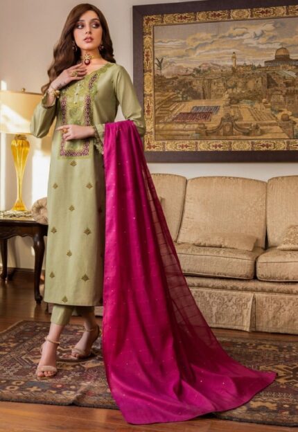 Two-Piece Embroidered Cambric Outfit with Sequence Dupatta AJPE -41