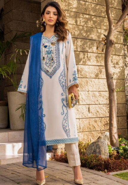 Asim Jofa Ready to Wear Collection | 3Pc Off White Embroidered Cambric Suit With Zari Chiffon Duppata AJPE-09