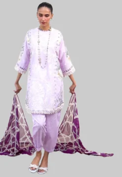 Sana Safinaz Muzlin 2023 3Pc Unstitched Lilac, Intricate Embroidered On Lawn Fabric With Printed Chiffon Dupatta