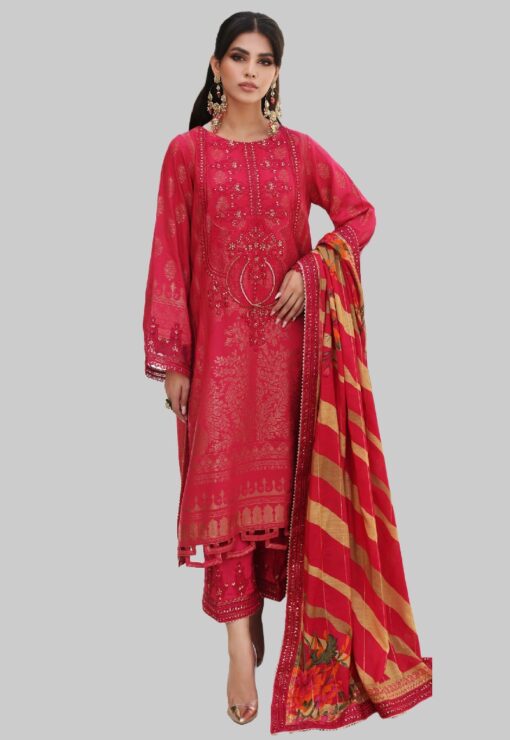 Red Jacquard and Embroidered Chrizma Dress with zari shawl dupatta