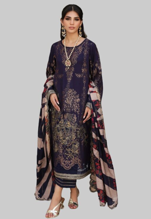 Charzima Blue Jacquard & Embroidered linen Dress with zari shawl dupatta