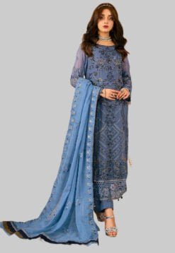 hand-made embroidered blue wedding dress on chiffon fabric