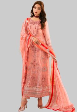 Hand made Pearl embroidered chiffon dress pink