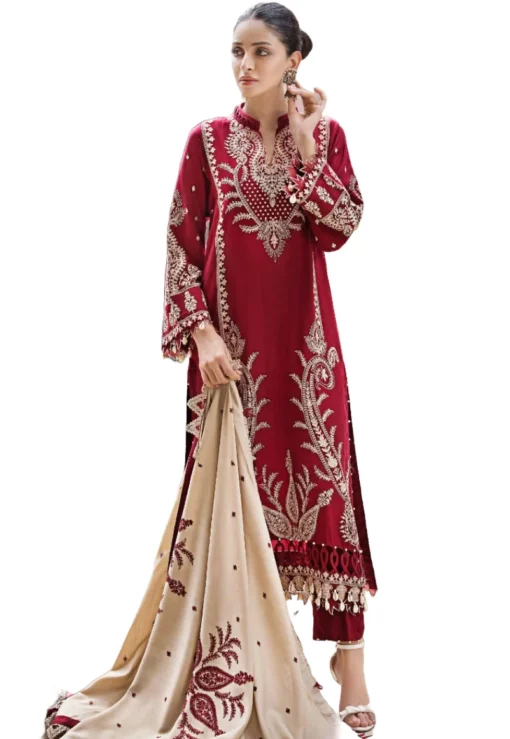 Gul ahmed's Red Embroidered Pashmina Dress