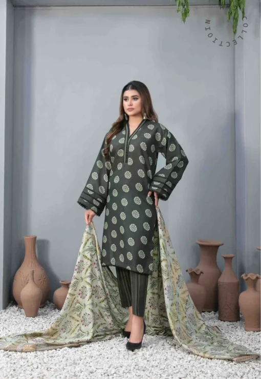 stitched Deep Green Printed Casual Wear Witner Dress,