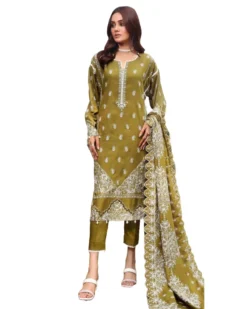 gul ahmed | unstitched olive green embroidered, chambray viscose salwar kameez