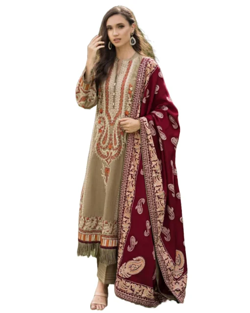 Gul Ahmed Embroidered, beige and maroon, khaddar salwar kameez with worm shawl