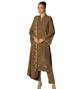 Gul Ahmed Unstitched Brown Print And Embroidered Karandi Dress