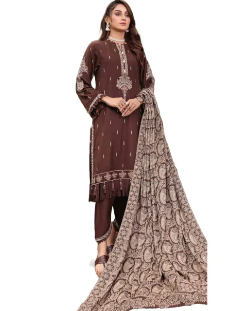 Gul Ahmed Un-stitched Brown Embroidered ACRYLIC attire with pashmina shawl