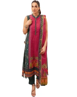 Gul Ahme 3Pc magenta & green, unstitched prnited khaddar dress