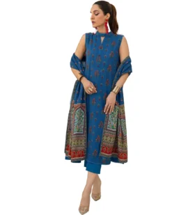 gul ahmed blue, unstitched printed khaddar dress