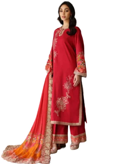Charizma lawn 2024 unstiched red, embnroidered dress