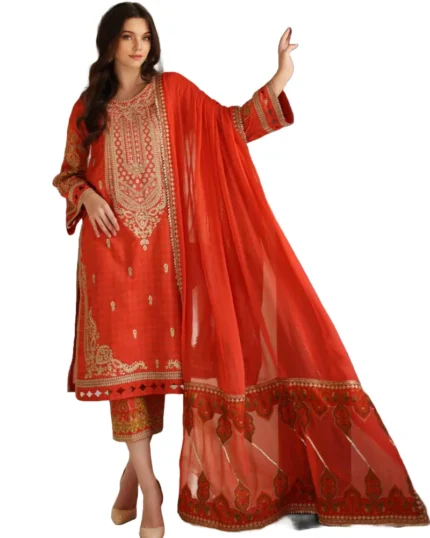 Charizma orange, gold embroidered lawn dress