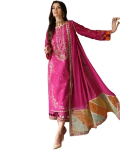 Charizma Luxury Lawn Collection | 3Pc Purple embroidered Lawn dress with chiffon dupatta