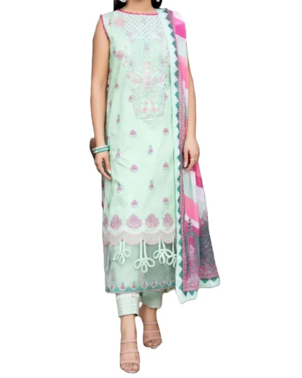 3Pc Un-stitched Green, Digital Floral Printed & Embroidered Lawn Dress With Breathable Printed Choiffon Dupatta - ESL-007