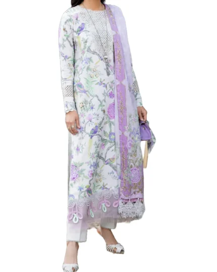 3Pc Un-stitched Purple & Off-White, Digital Floral Printed & Embroidered Neckline Lawn Dress With Breathable Printed Lawn Dupatta - ESL-009