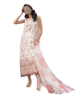 White & Pink, Luxury Embroidered Lawn Dress With Organza Dupatta