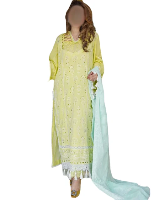 yellow-Green luxury embroidered lawn dress