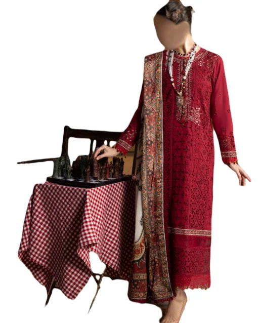 Maroon Chikancakri Embroidered lawn dress