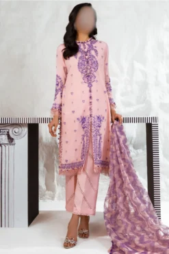 Prink Embroidered lawn suit with soft karandi dupatta and cotton trouser | muzlin 2024