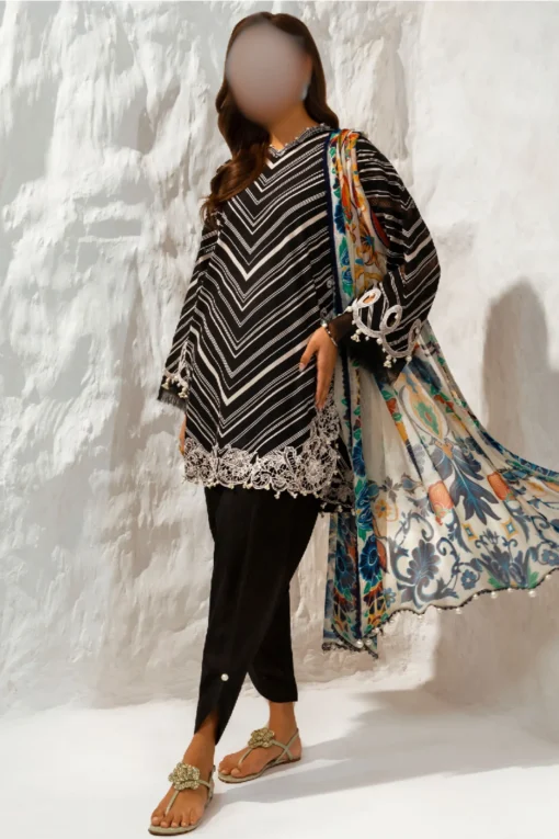 Black Lawn Dress, printed chiffon dupatta | Muzlin 2B