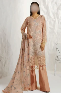 A sophisticated and elegant embroidered net suit with printed lawn inner, perfect for any special occasion.