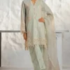 A stunning, traditional Pakistani lawn suit with intricate embroidery on the front, sleeves, and dupatta. The suit includes a flowing net dupatta with an embroidered pallu and comfortable cotton trousers.