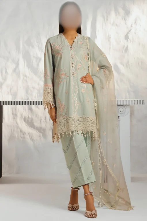 A stunning, traditional Pakistani lawn suit with intricate embroidery on the front, sleeves, and dupatta. The suit includes a flowing net dupatta with an embroidered pallu and comfortable cotton trousers.