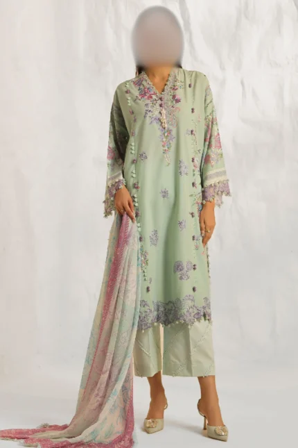 Traditional Pakistani/Indian lawn suit, embroidered front, printed back, chiffon dupatta, cotton trousers