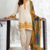 Beige & Mustered printed Lawn dress and embroidered details | Muzlin 3b