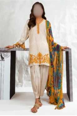 Beige & Mustered printed Lawn dress and embroidered details | Muzlin 3b